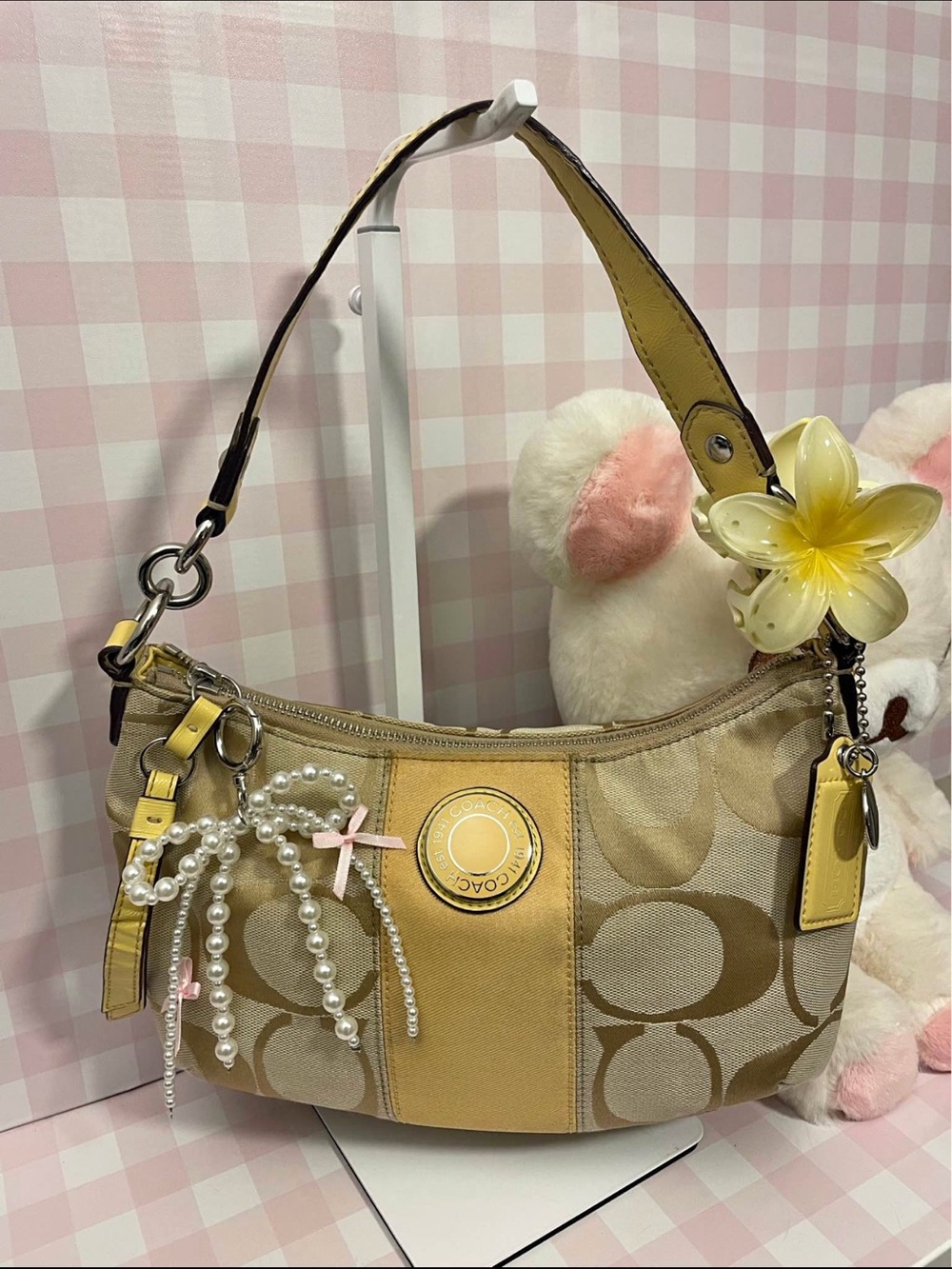Coach Beige and Yellow Signature Canvas Shoulder Bag